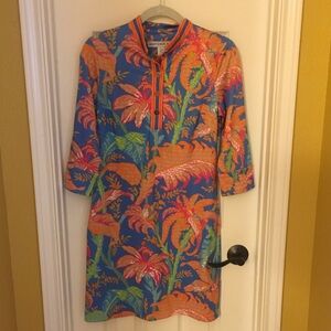Gretchen Scott Designs Blue Tropical Print Midi Dress with Orange & Green
